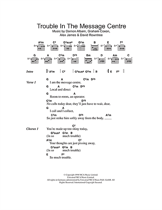 Download Blur Trouble In The Message Centre Sheet Music and learn how to play Lyrics & Chords PDF digital score in minutes