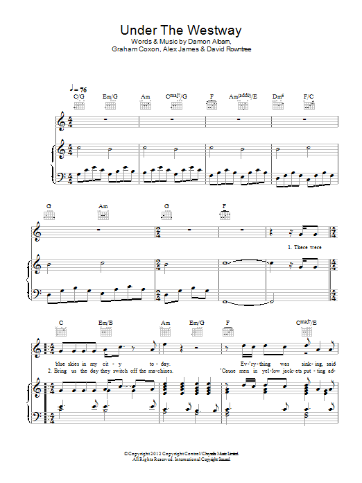 Download Blur Under The Westway Sheet Music and learn how to play Piano, Vocal & Guitar (Right-Hand Melody) PDF digital score in minutes