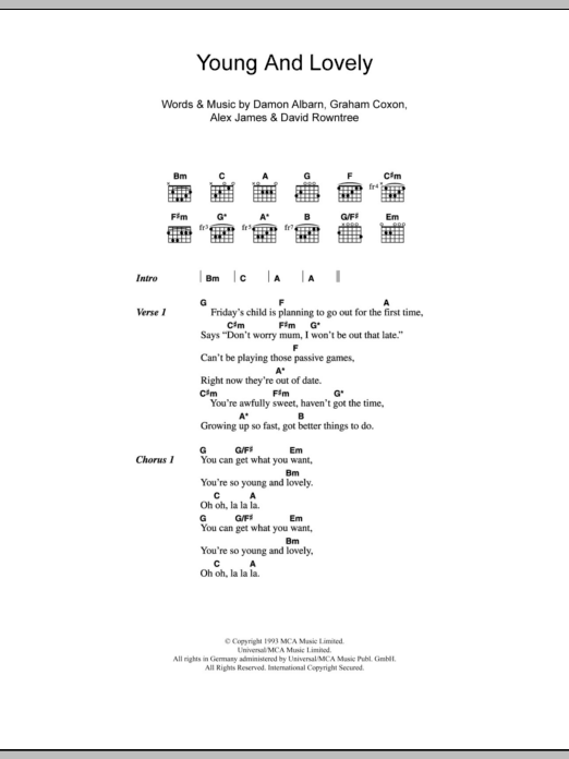 Download Blur Young And Lovely Sheet Music and learn how to play Lyrics & Chords PDF digital score in minutes