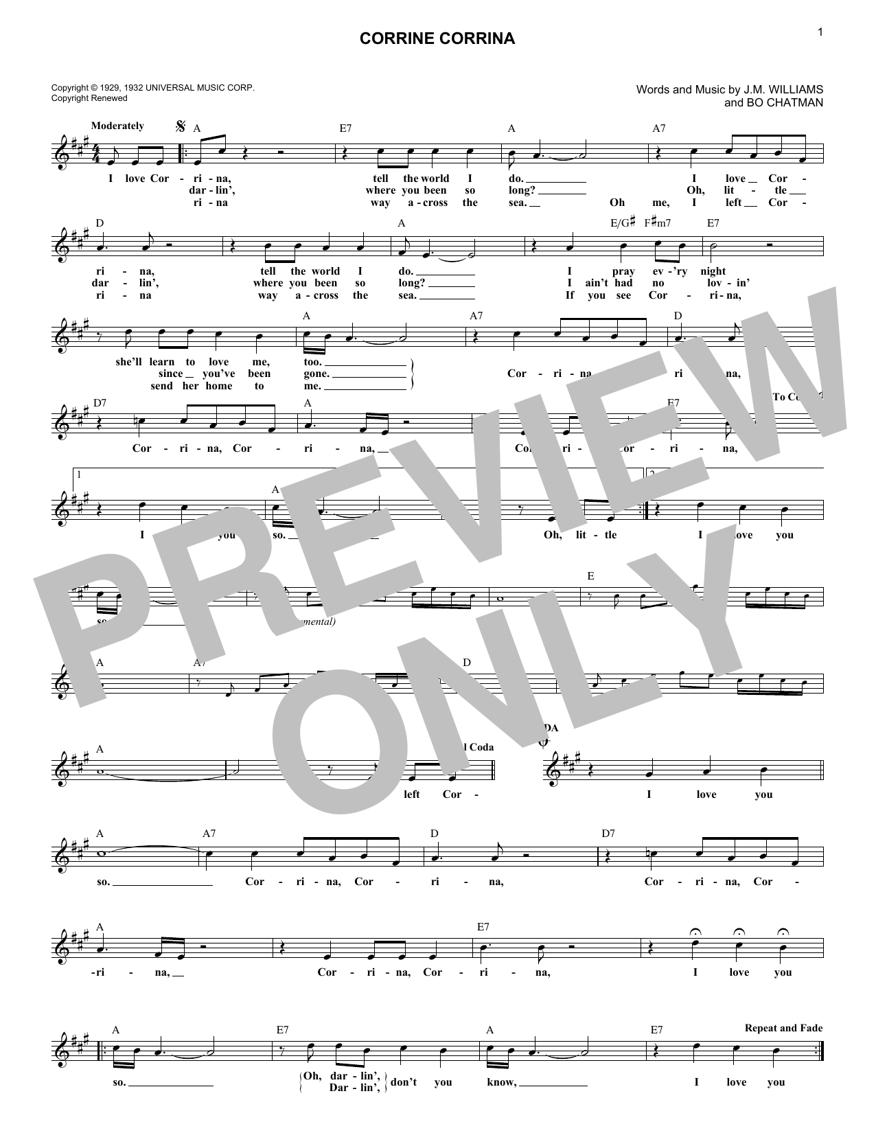 Download Bo Chatman Corrine Corrina Sheet Music and learn how to play Melody Line, Lyrics & Chords PDF digital score in minutes