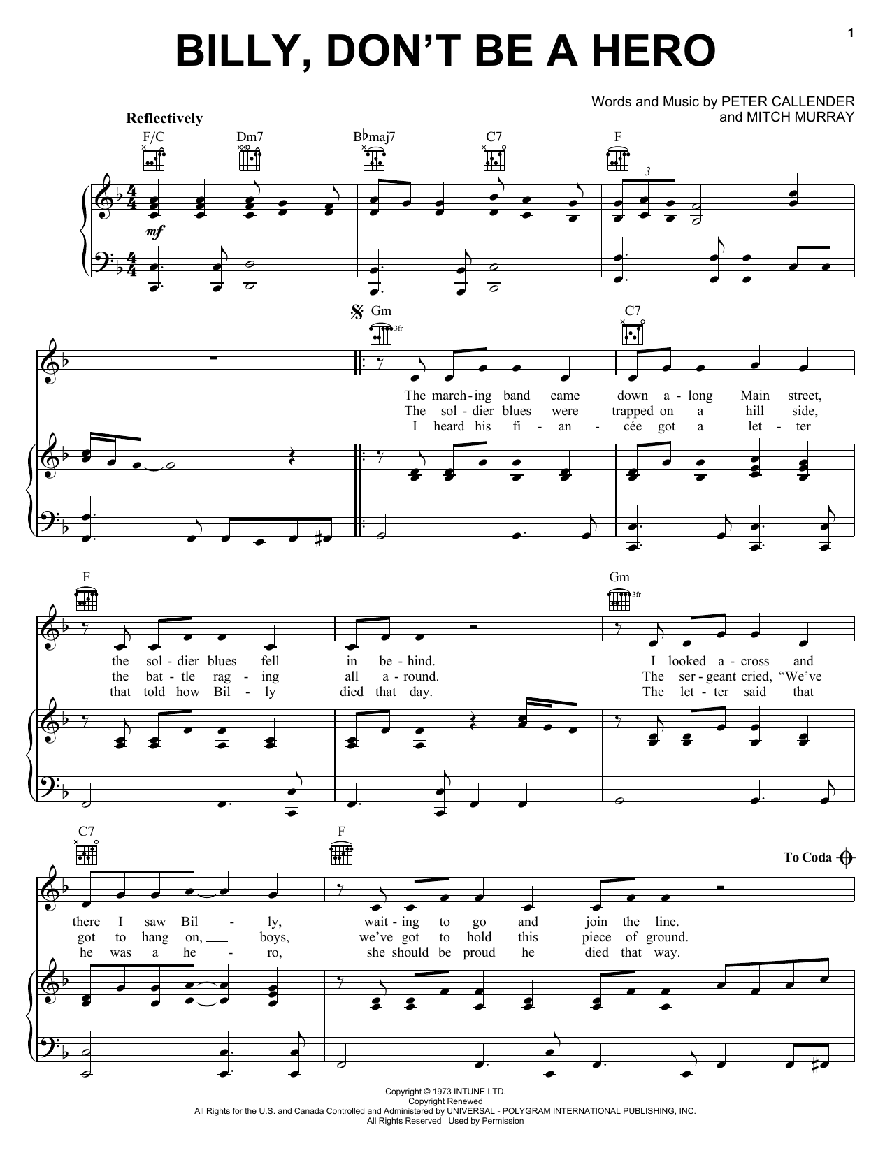 Download Bo Donaldson & The Heywoods Billy, Don't Be A Hero Sheet Music and learn how to play Melody Line, Lyrics & Chords PDF digital score in minutes