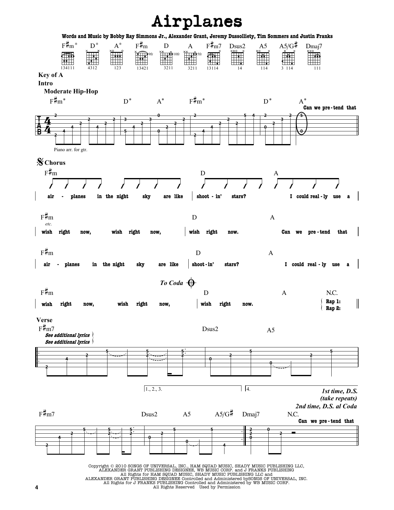 Download B.o.B. featuring Hayley Williams Airplanes Sheet Music and learn how to play Guitar Lead Sheet PDF digital score in minutes