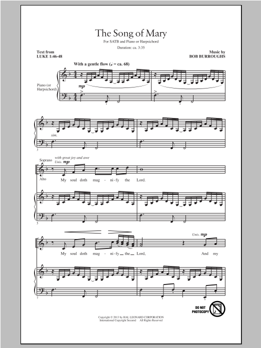 Download Bob Burroughs Song Of Mary Sheet Music and learn how to play SATB PDF digital score in minutes