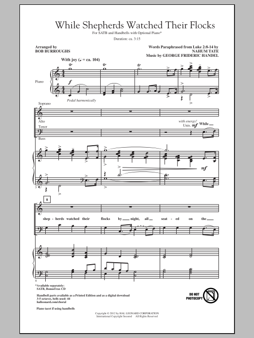 Download George Frideric Handel While Shepherds Watched Their Flocks (arr. Bob Burroughs) Sheet Music and learn how to play SATB PDF digital score in minutes