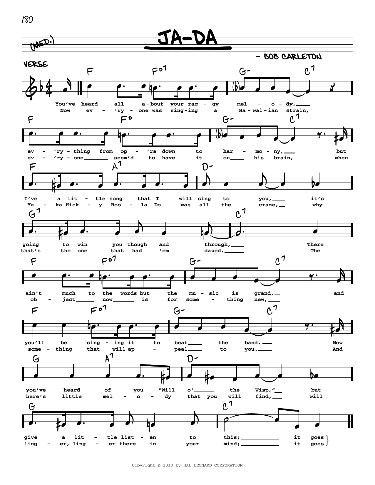 Download Bob Carleton Ja-Da (arr. Robert Rawlins) Sheet Music and learn how to play Real Book – Melody, Lyrics & Chords PDF digital score in minutes