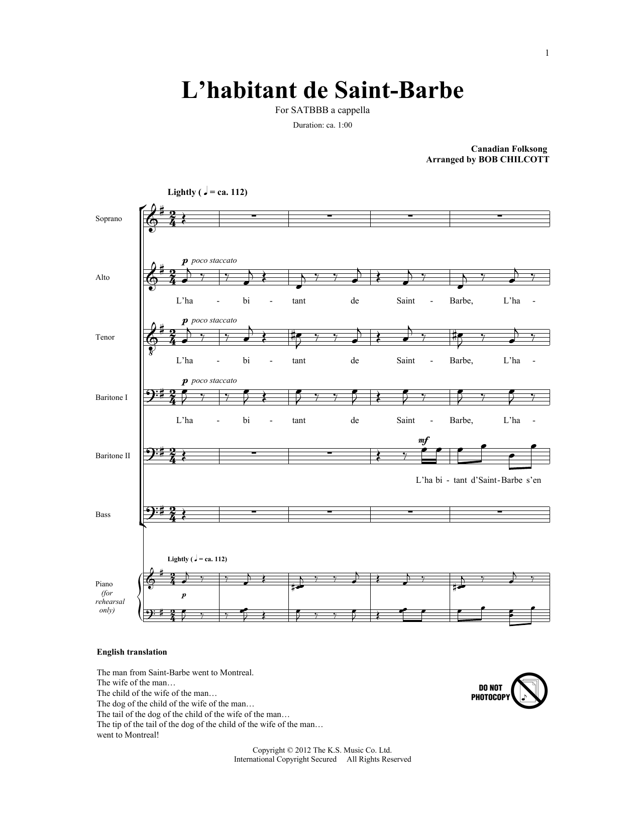 Download Bob Chilcott L'Habitant De Saint Barbe Sheet Music and learn how to play SATB PDF digital score in minutes