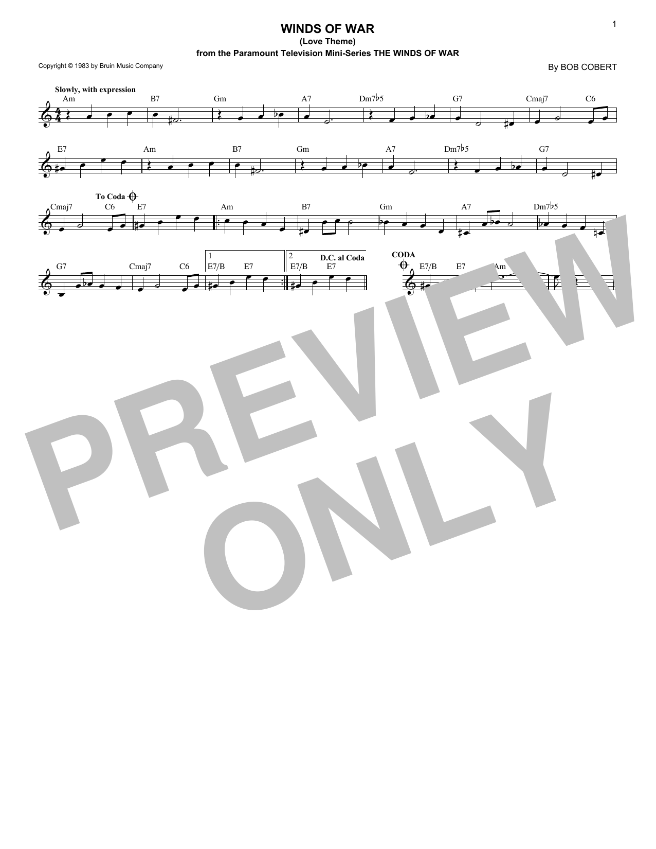 Download Bob Cobert Winds Of War (Love Theme) Sheet Music and learn how to play Lead Sheet / Fake Book PDF digital score in minutes