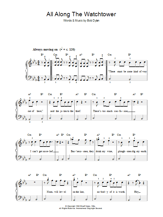 Download Bob Dylan All Along The Watchtower Sheet Music and learn how to play Beginner Piano PDF digital score in minutes