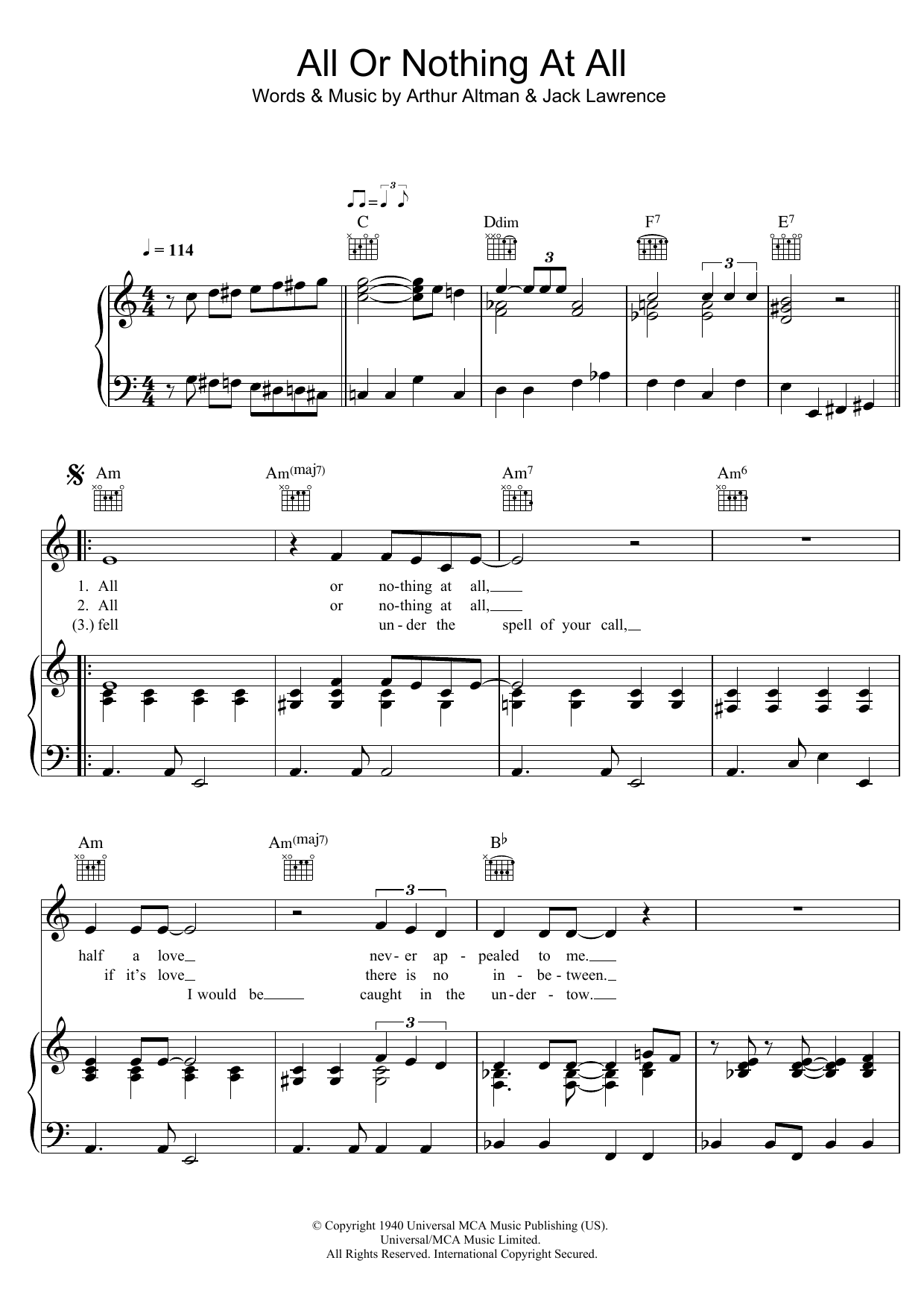 Download Bob Dylan All Or Nothing At All Sheet Music and learn how to play Piano, Vocal & Guitar (Right-Hand Melody) PDF digital score in minutes