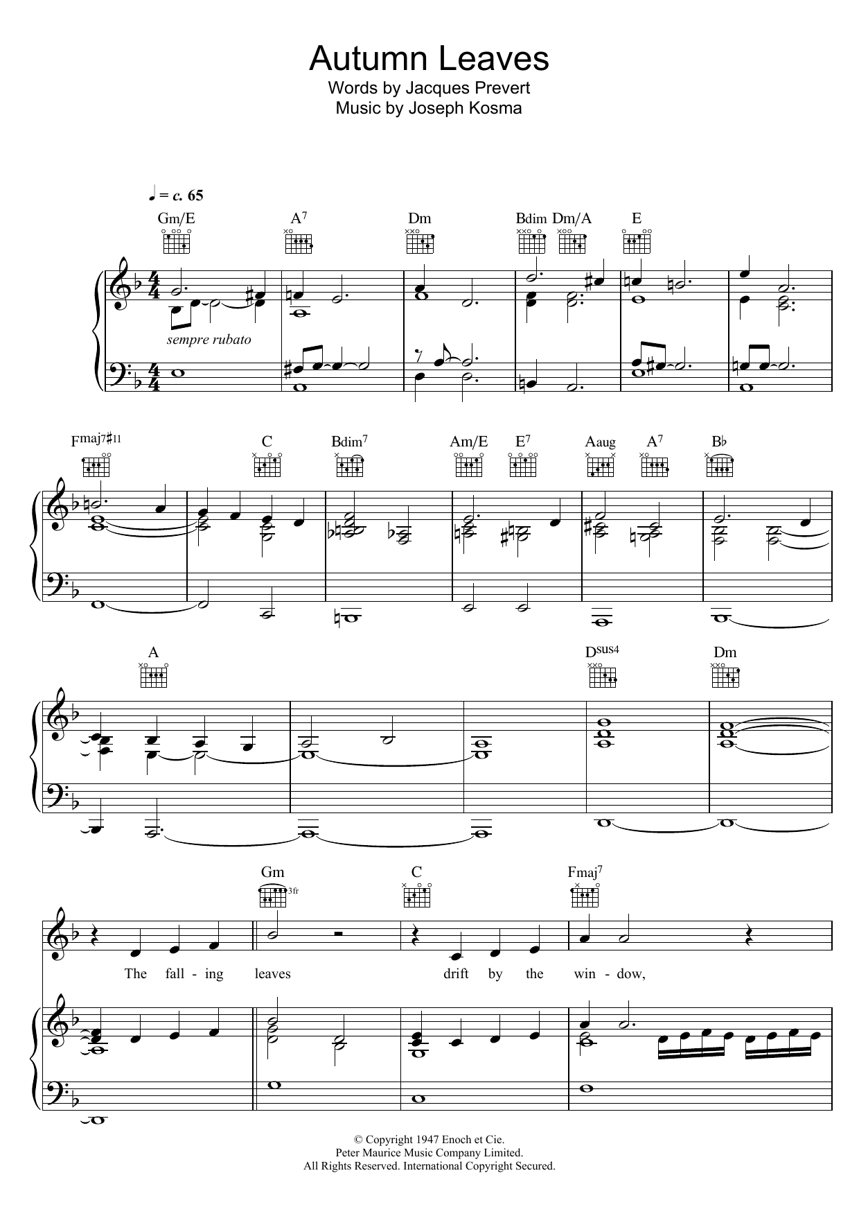 Download Bob Dylan Autumn Leaves Sheet Music and learn how to play Piano, Vocal & Guitar (Right-Hand Melody) PDF digital score in minutes