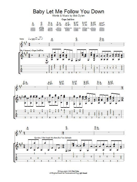 Download Bob Dylan Baby Let Me Follow You Down Sheet Music and learn how to play Guitar Tab PDF digital score in minutes