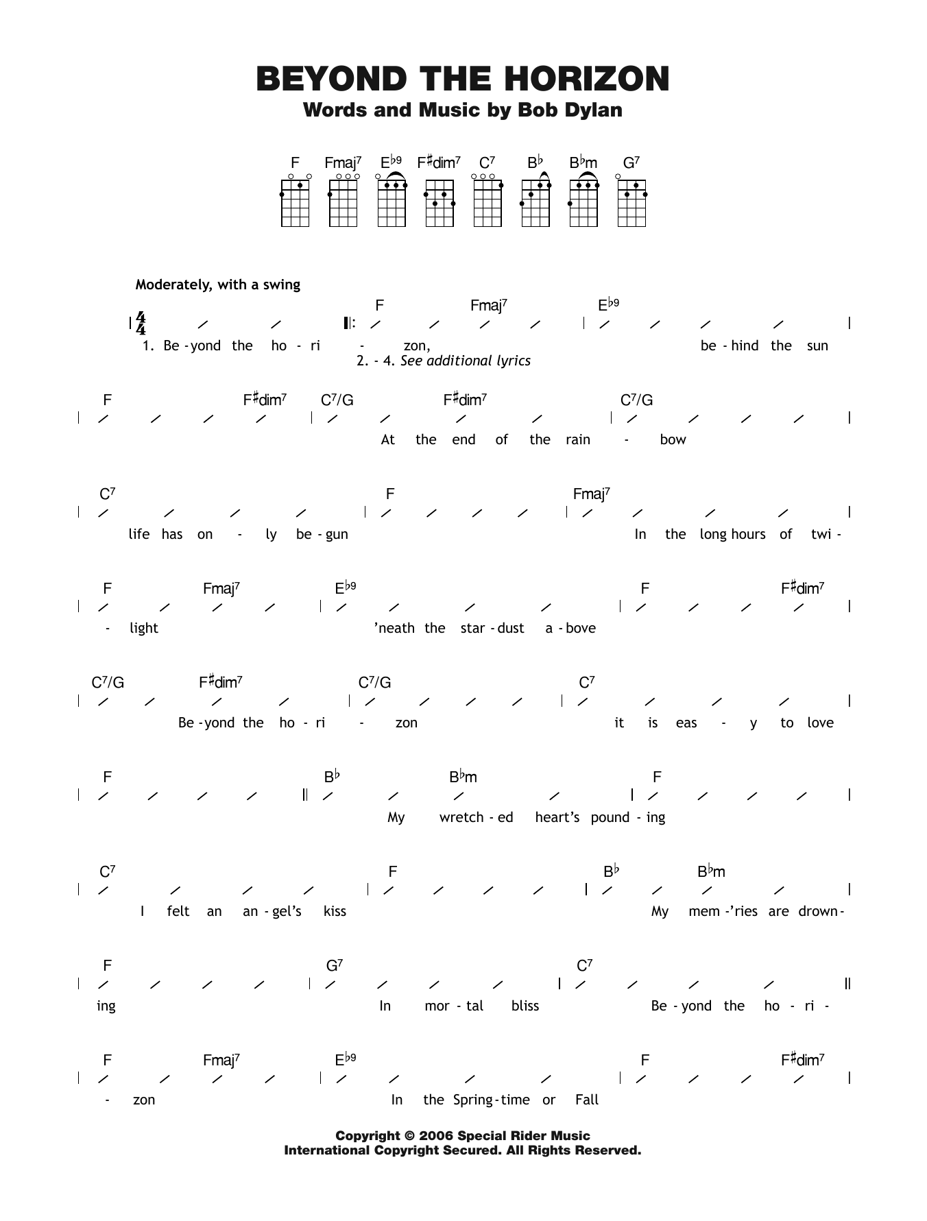 Download Bob Dylan Beyond The Horizon Sheet Music and learn how to play Ukulele with strumming patterns PDF digital score in minutes
