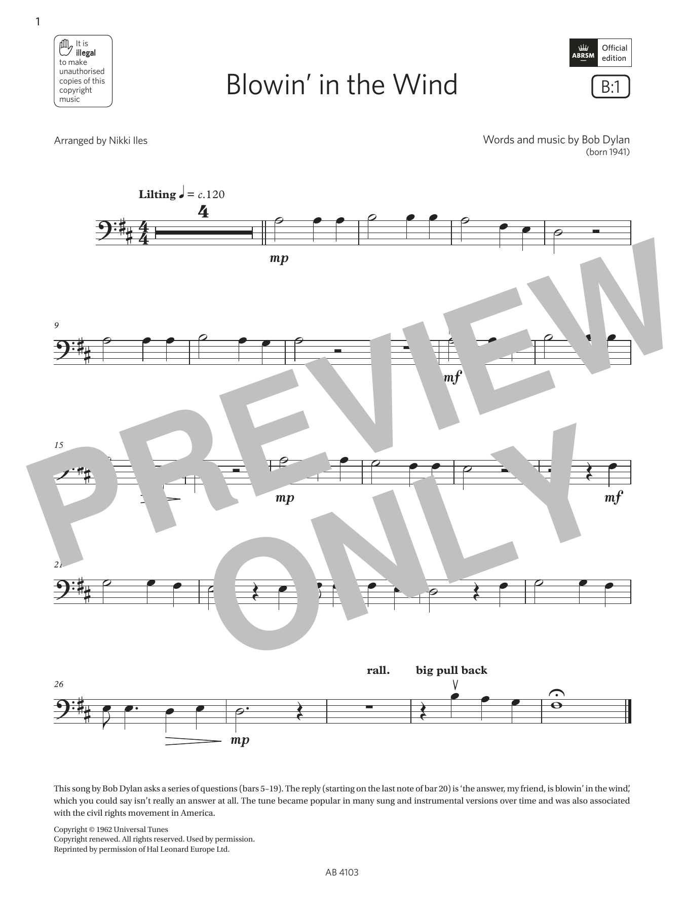 Download Bob Dylan Blowin' in the wind (Grade Initial, B1, from the ABRSM Cello Syllabus from 2024) Sheet Music and learn how to play Cello Solo PDF digital score in minutes