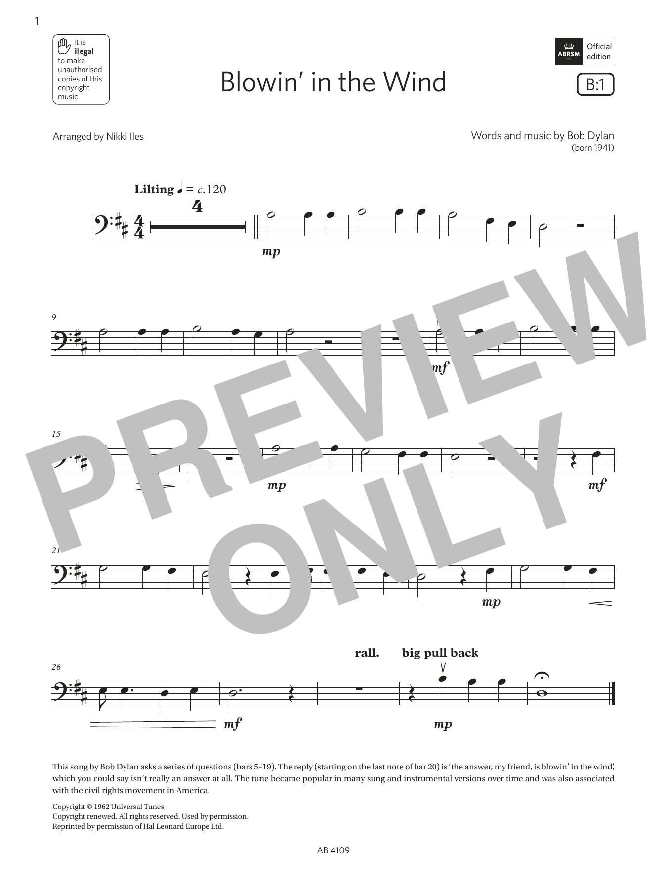 Download Bob Dylan Blowin' in the Wind (Grade Initial, B1, from the ABRSM Double Bass Syllabus from Sheet Music and learn how to play String Bass Solo PDF digital score in minutes