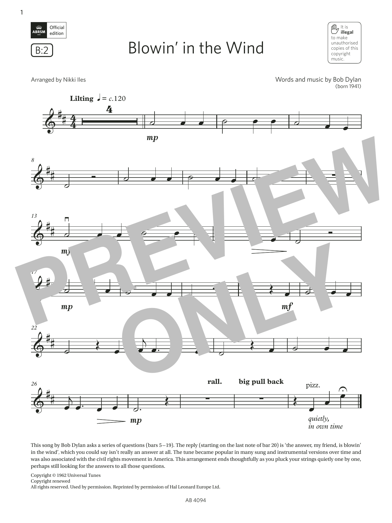 Download Bob Dylan Blowin' in the Wind (Grade Initial, B2, from the ABRSM Violin Syllabus from 2024 Sheet Music and learn how to play Violin Solo PDF digital score in minutes