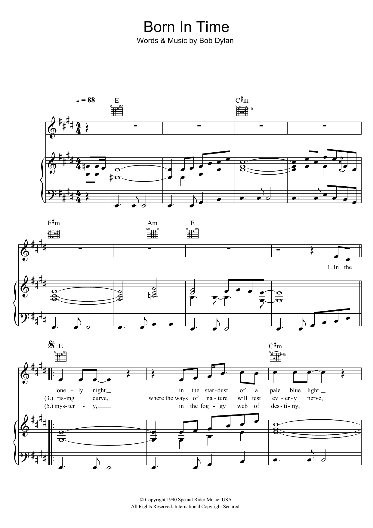 Download Bob Dylan Born In Time Sheet Music and learn how to play Piano, Vocal & Guitar PDF digital score in minutes