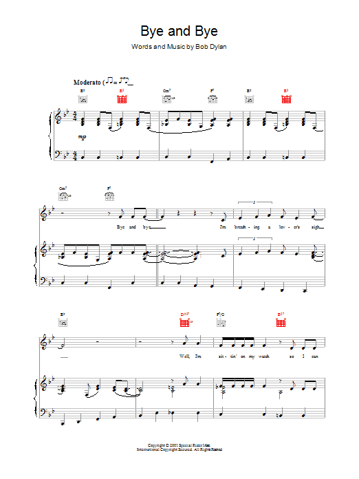 Download Bob Dylan Bye And Bye Sheet Music and learn how to play Piano, Vocal & Guitar (Right-Hand Melody) PDF digital score in minutes