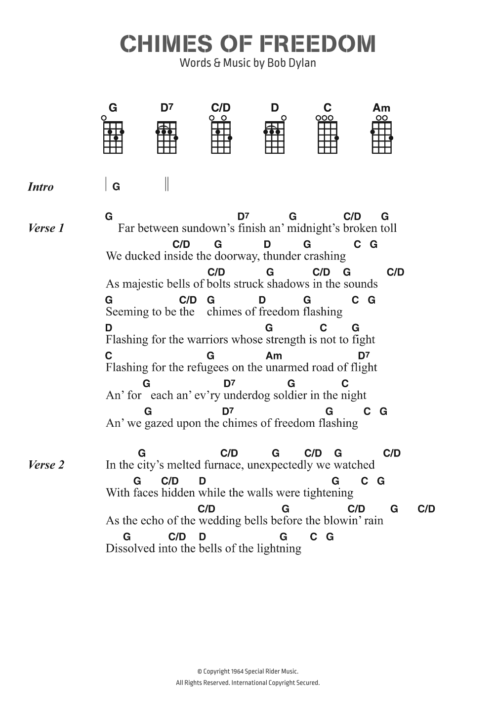 Download Bob Dylan Chimes Of Freedom Sheet Music and learn how to play Ukulele Lyrics & Chords PDF digital score in minutes