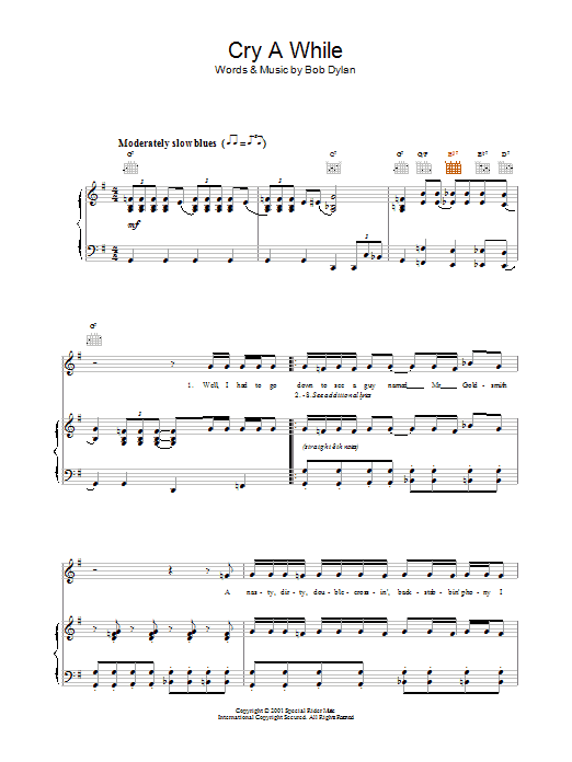 Download Bob Dylan Cry A While Sheet Music and learn how to play Piano, Vocal & Guitar (Right-Hand Melody) PDF digital score in minutes