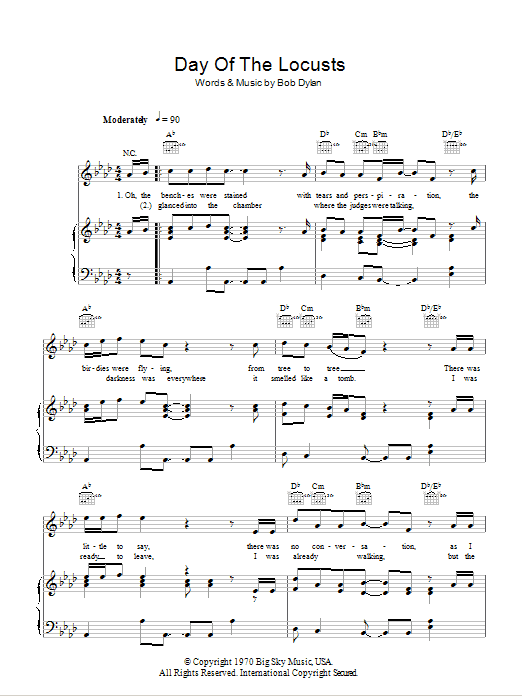 Download Bob Dylan Day Of The Locusts Sheet Music and learn how to play Piano, Vocal & Guitar (Right-Hand Melody) PDF digital score in minutes