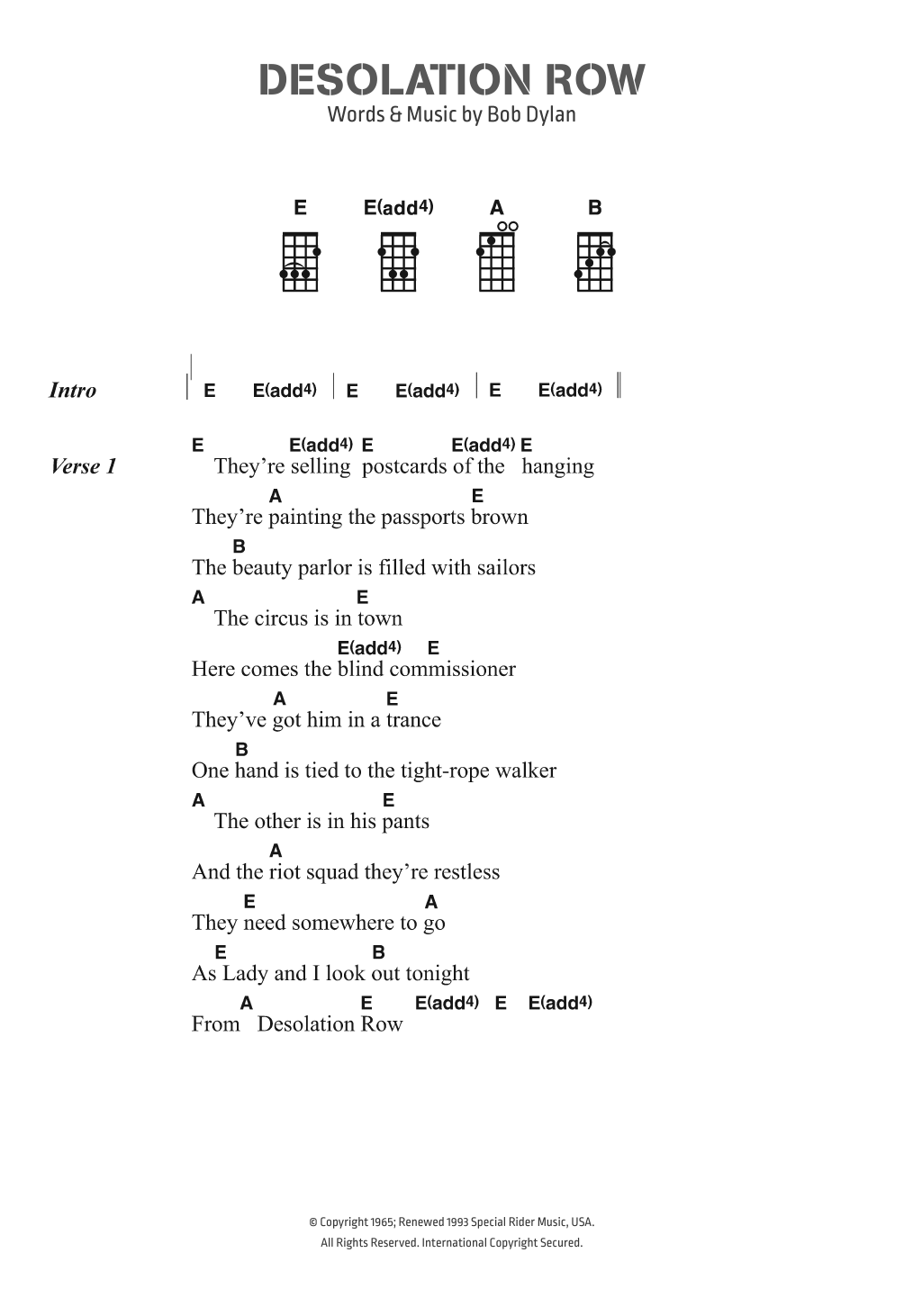 Download Bob Dylan Desolation Row Sheet Music and learn how to play Ukulele Lyrics & Chords PDF digital score in minutes
