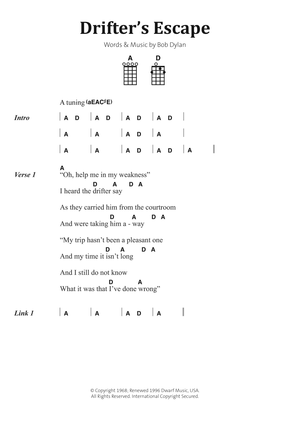 Download Bob Dylan Drifter's Escape Sheet Music and learn how to play Banjo Lyrics & Chords PDF digital score in minutes