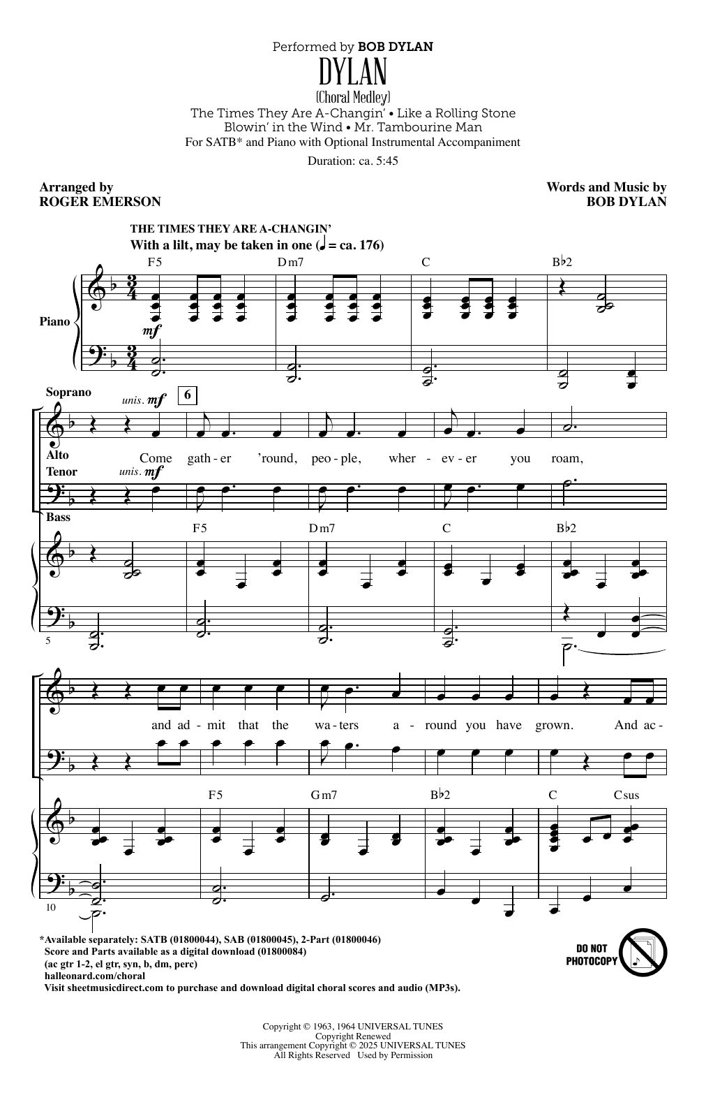 Download Bob Dylan Dylan (Choral Medley) (arr. Roger Emerson) Sheet Music and learn how to play 2-Part Choir PDF digital score in minutes