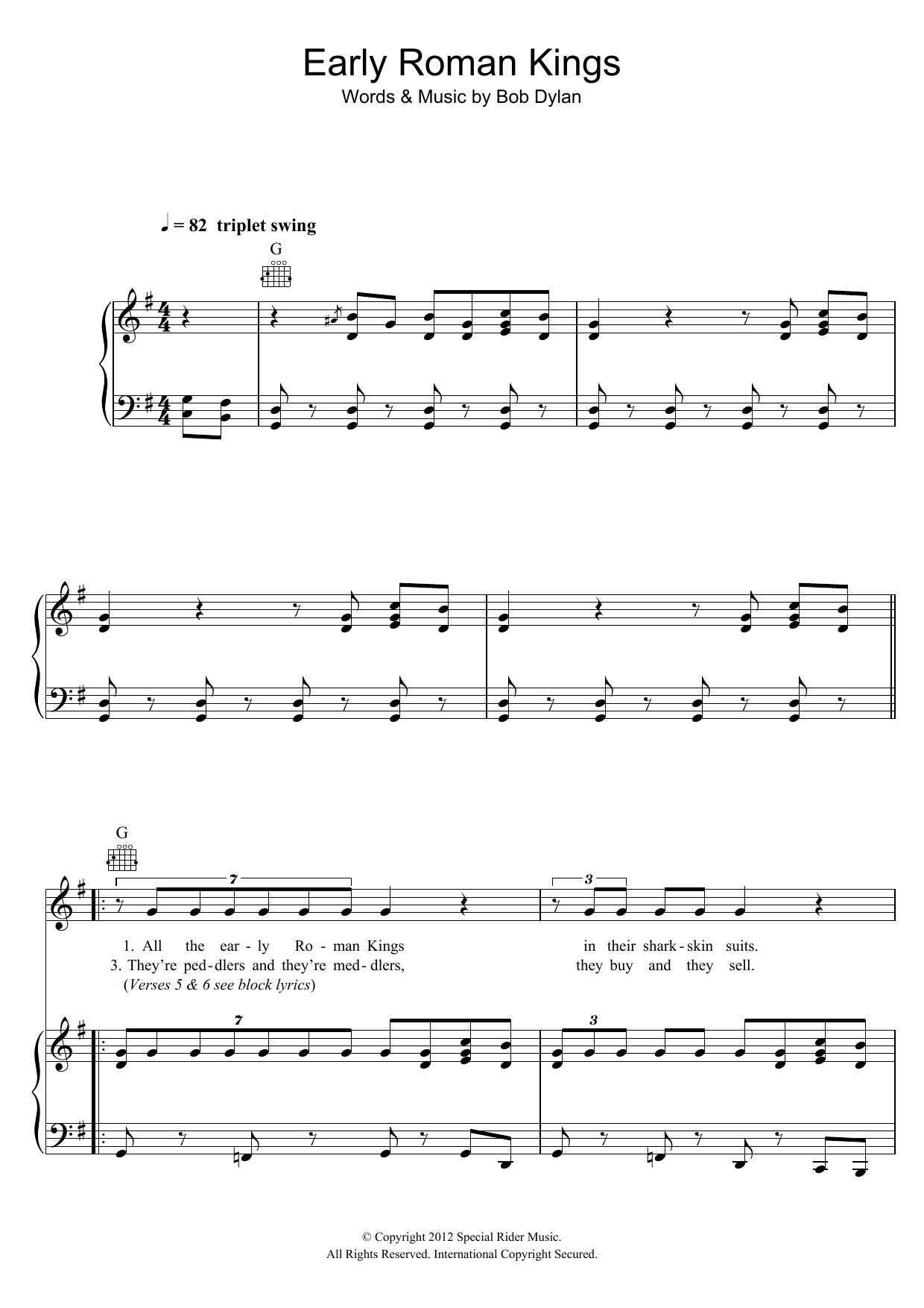 Download Bob Dylan Early Roman Kings Sheet Music and learn how to play Piano, Vocal & Guitar (Right-Hand Melody) PDF digital score in minutes