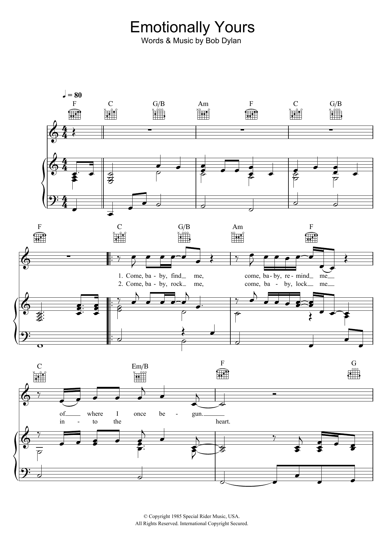 Download Bob Dylan Emotionally Yours Sheet Music and learn how to play Piano, Vocal & Guitar (Right-Hand Melody) PDF digital score in minutes