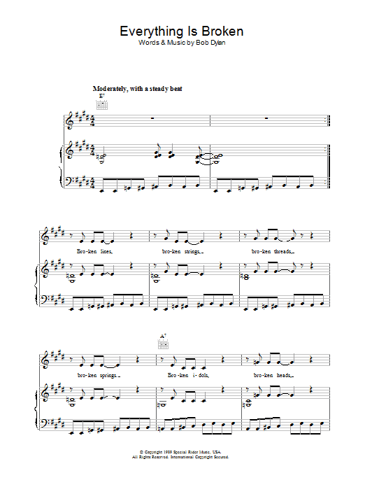 Download Bob Dylan Everything Is Broken Sheet Music and learn how to play Piano, Vocal & Guitar (Right-Hand Melody) PDF digital score in minutes