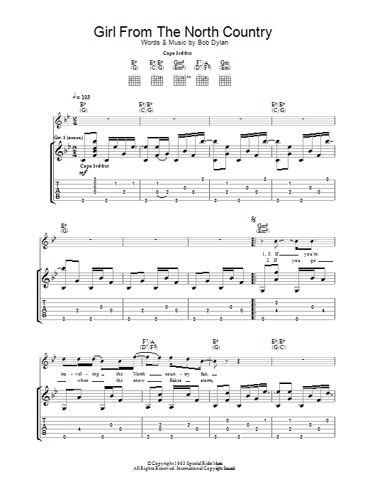 Download Bob Dylan Girl From The North Country Sheet Music and learn how to play Guitar Tab PDF digital score in minutes