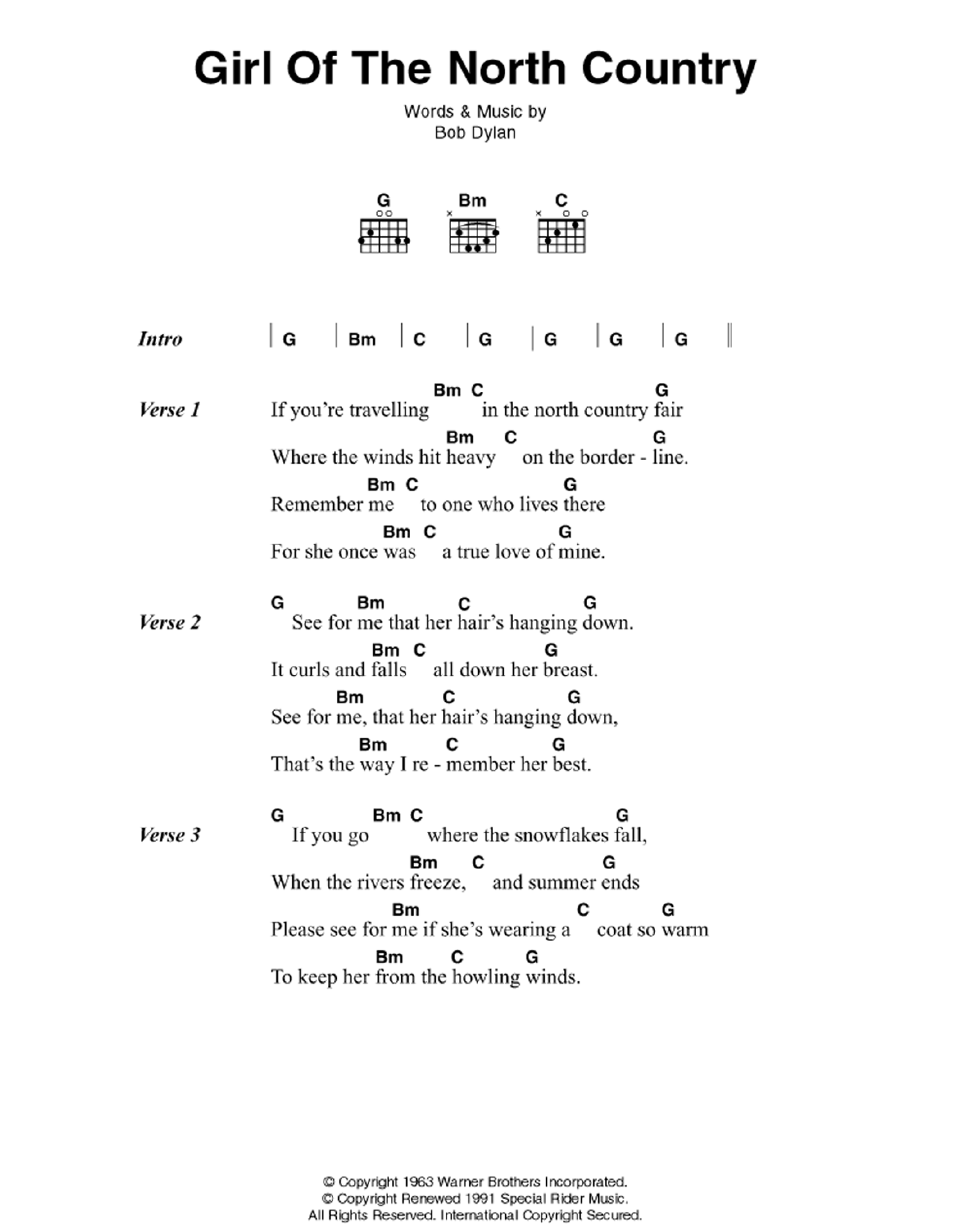 Download Bob Dylan Girl Of The North Country Sheet Music and learn how to play Lyrics & Chords PDF digital score in minutes