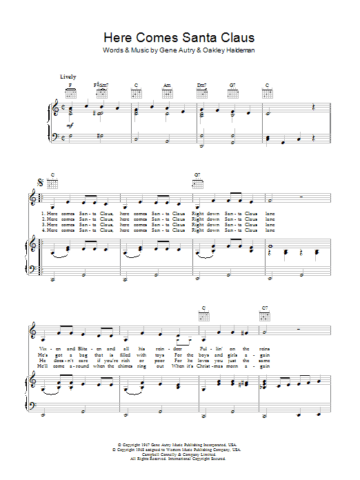 Download Bob Dylan Here Comes Santa Claus (Right Down Santa Claus Lane) Sheet Music and learn how to play Piano, Vocal & Guitar (Right-Hand Melody) PDF digital score in minutes