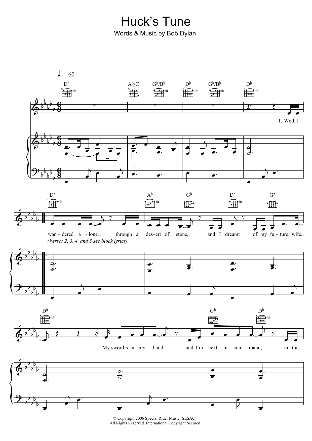 Download Bob Dylan Huck's Tune Sheet Music and learn how to play Piano, Vocal & Guitar PDF digital score in minutes