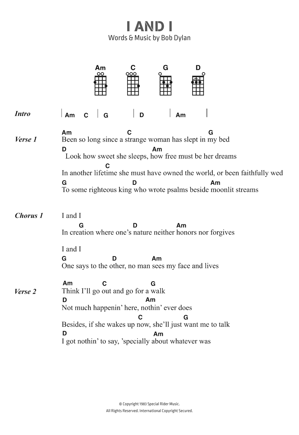 Download Bob Dylan I And I Sheet Music and learn how to play Ukulele Lyrics & Chords PDF digital score in minutes