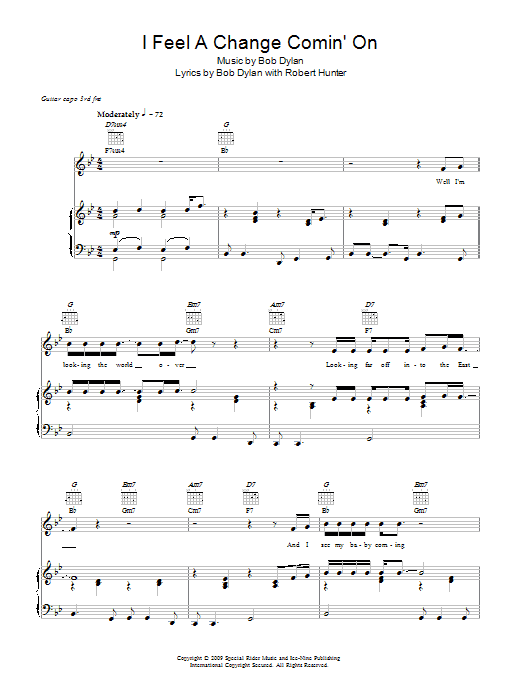 Download Bob Dylan I Feel A Change Comin' On Sheet Music and learn how to play Piano, Vocal & Guitar (Right-Hand Melody) PDF digital score in minutes