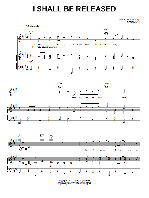 Download Bob Dylan I Shall Be Released Sheet Music and learn how to play Piano, Vocal & Guitar (Right-Hand Melody) PDF digital score in minutes