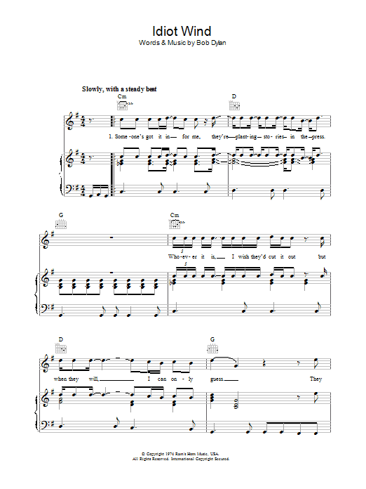 Download Bob Dylan Idiot Wind Sheet Music and learn how to play Piano, Vocal & Guitar (Right-Hand Melody) PDF digital score in minutes