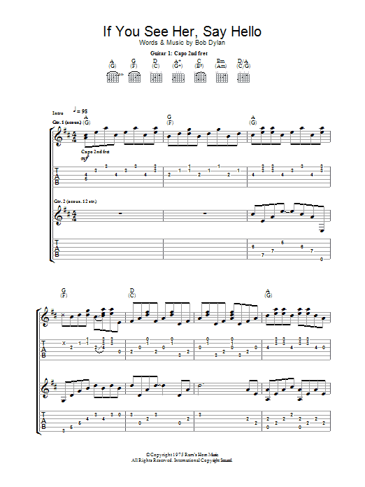 Download Bob Dylan If You See Her, Say Hello Sheet Music and learn how to play Guitar Tab PDF digital score in minutes