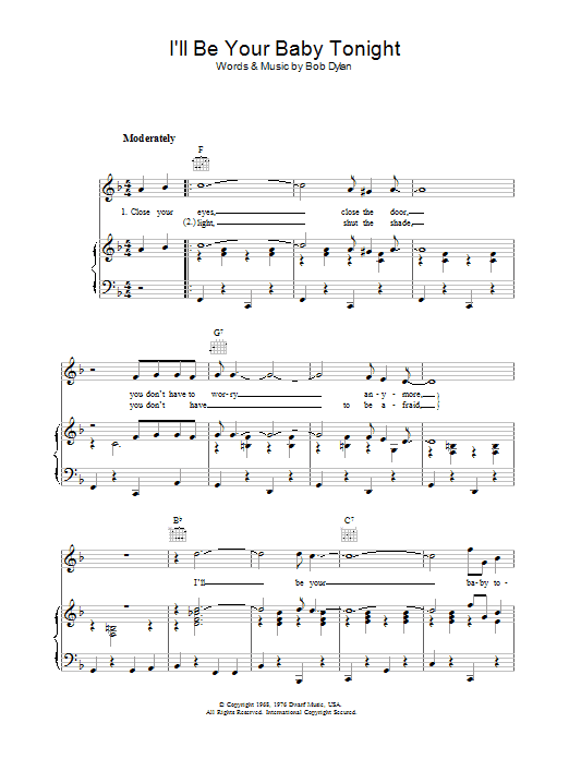 Download Bob Dylan I'll Be Your Baby Tonight Sheet Music and learn how to play Piano, Vocal & Guitar (Right-Hand Melody) PDF digital score in minutes