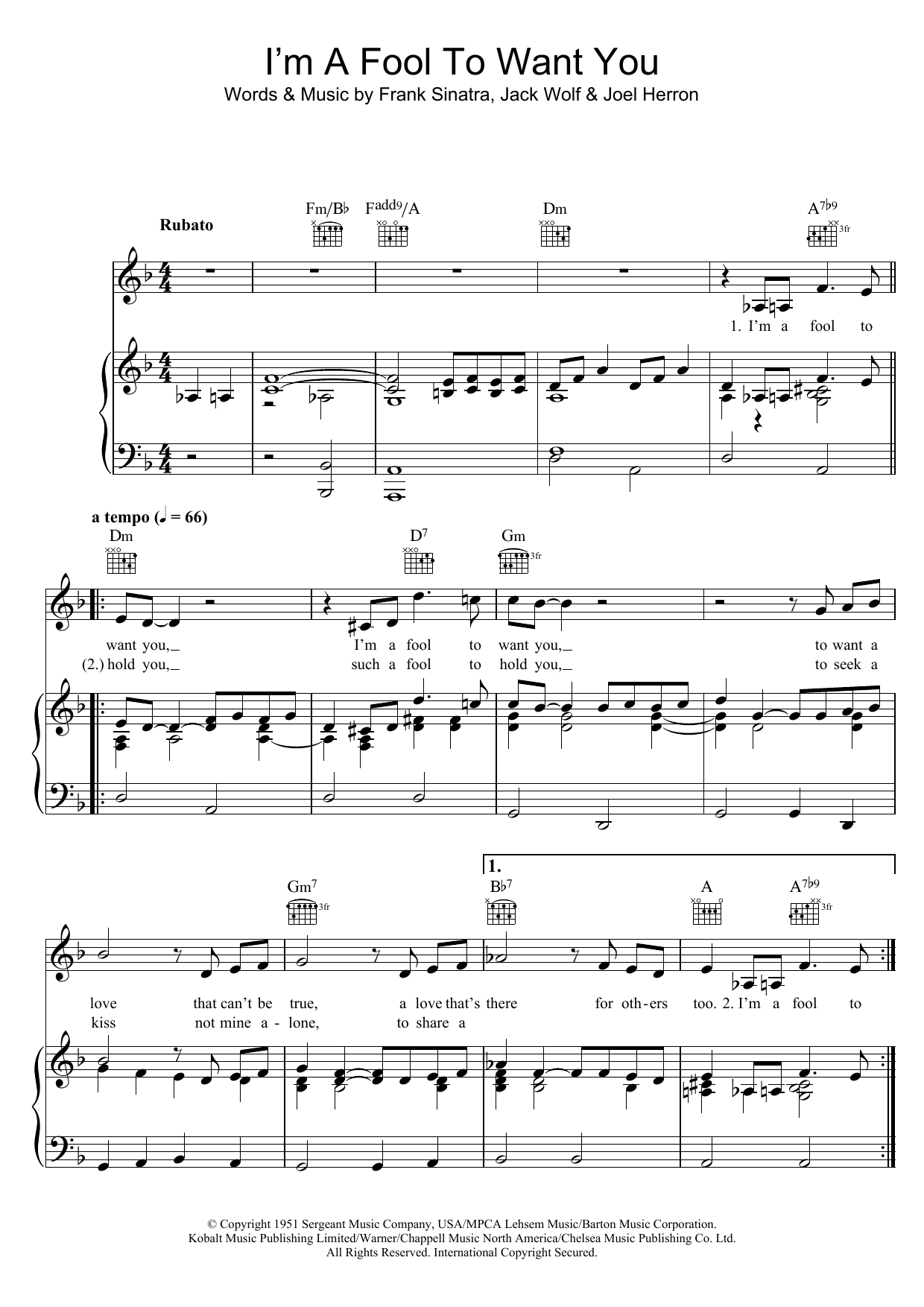 Download Bob Dylan I'm A Fool To Want You Sheet Music and learn how to play Piano, Vocal & Guitar (Right-Hand Melody) PDF digital score in minutes