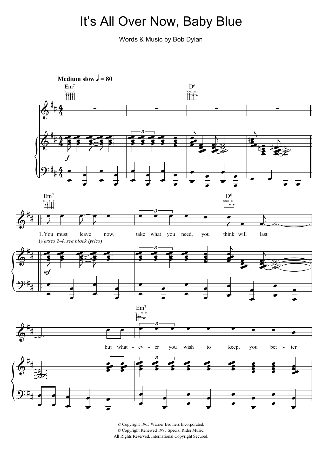 Download Bob Dylan It's All Over Now, Baby Blue Sheet Music and learn how to play Super Easy Piano PDF digital score in minutes