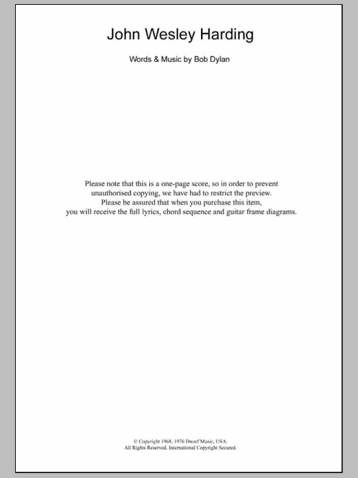 Download Bob Dylan John Wesley Harding Sheet Music and learn how to play Lyrics & Chords PDF digital score in minutes