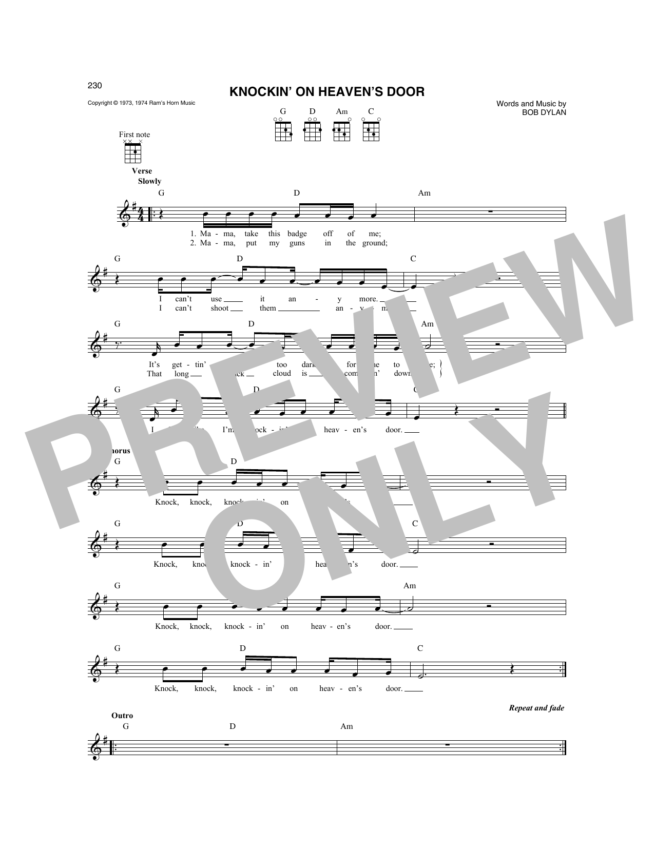 Download Bob Dylan Knockin' On Heaven's Door (from Pat Garrett And Billy The Kid) Sheet Music and learn how to play Mandolin PDF digital score in minutes