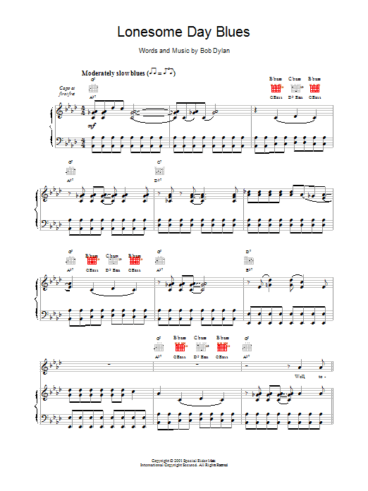Download Bob Dylan Lonesome Day Blues Sheet Music and learn how to play Piano, Vocal & Guitar (Right-Hand Melody) PDF digital score in minutes