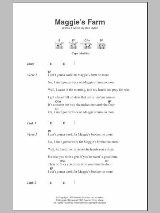 Download Bob Dylan Maggie's Farm Sheet Music and learn how to play Ukulele with strumming patterns PDF digital score in minutes