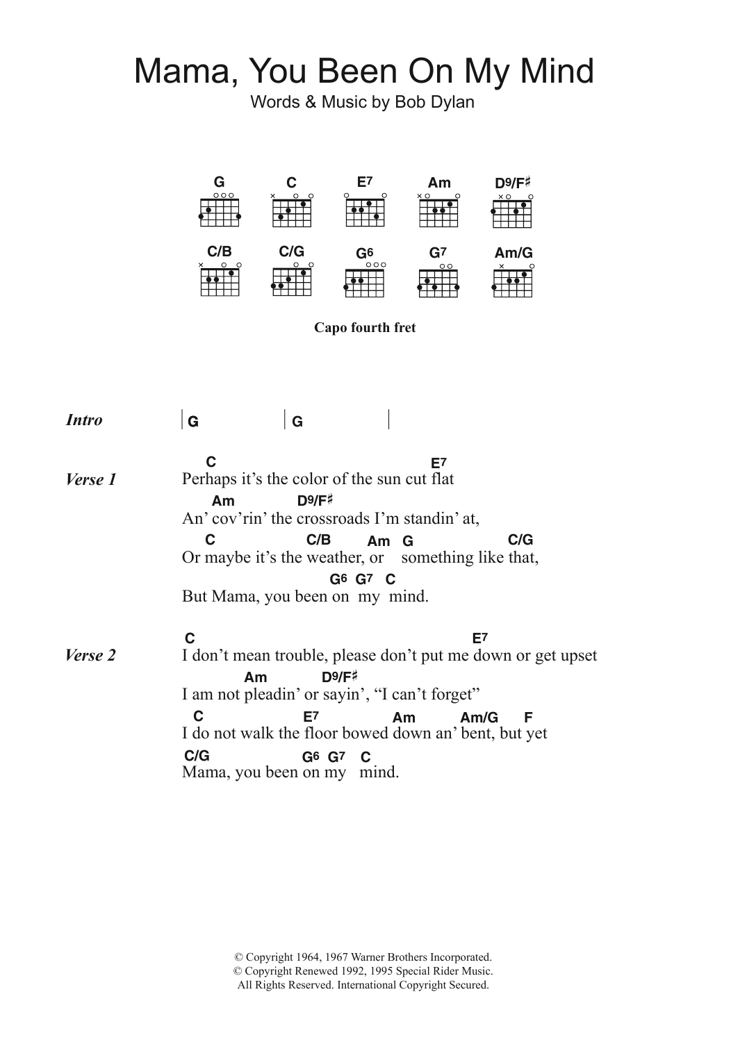 Download Bob Dylan Mama, You Been On My Mind Sheet Music and learn how to play Ukulele Lyrics & Chords PDF digital score in minutes