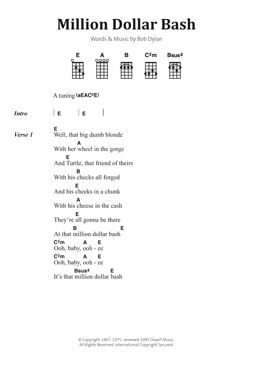Download Bob Dylan Million Dollar Bash Sheet Music and learn how to play Ukulele Lyrics & Chords PDF digital score in minutes