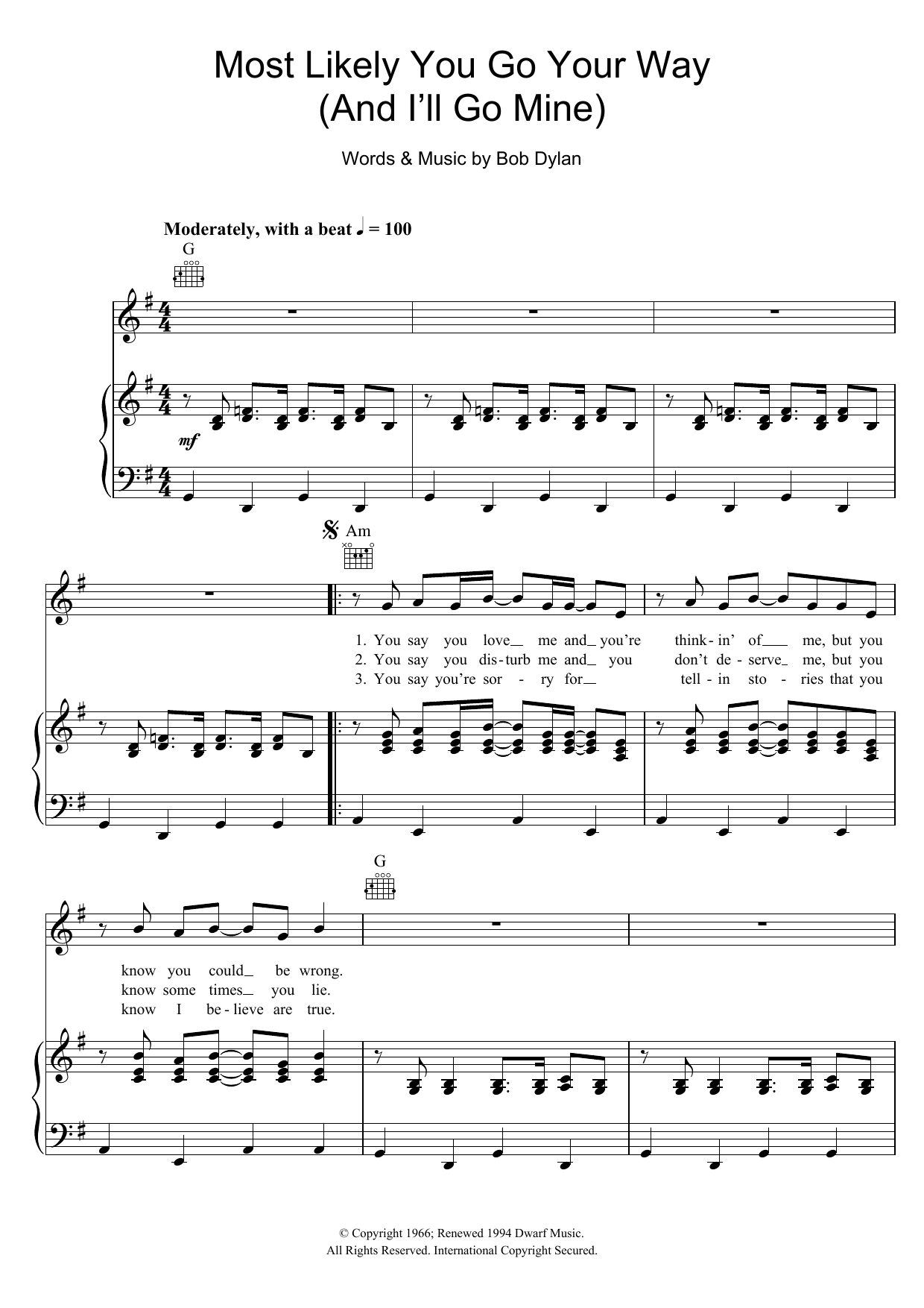 Download Bob Dylan Most Likely You Go Your Way (And I'll Go Mine) Sheet Music and learn how to play Lyrics & Chords PDF digital score in minutes