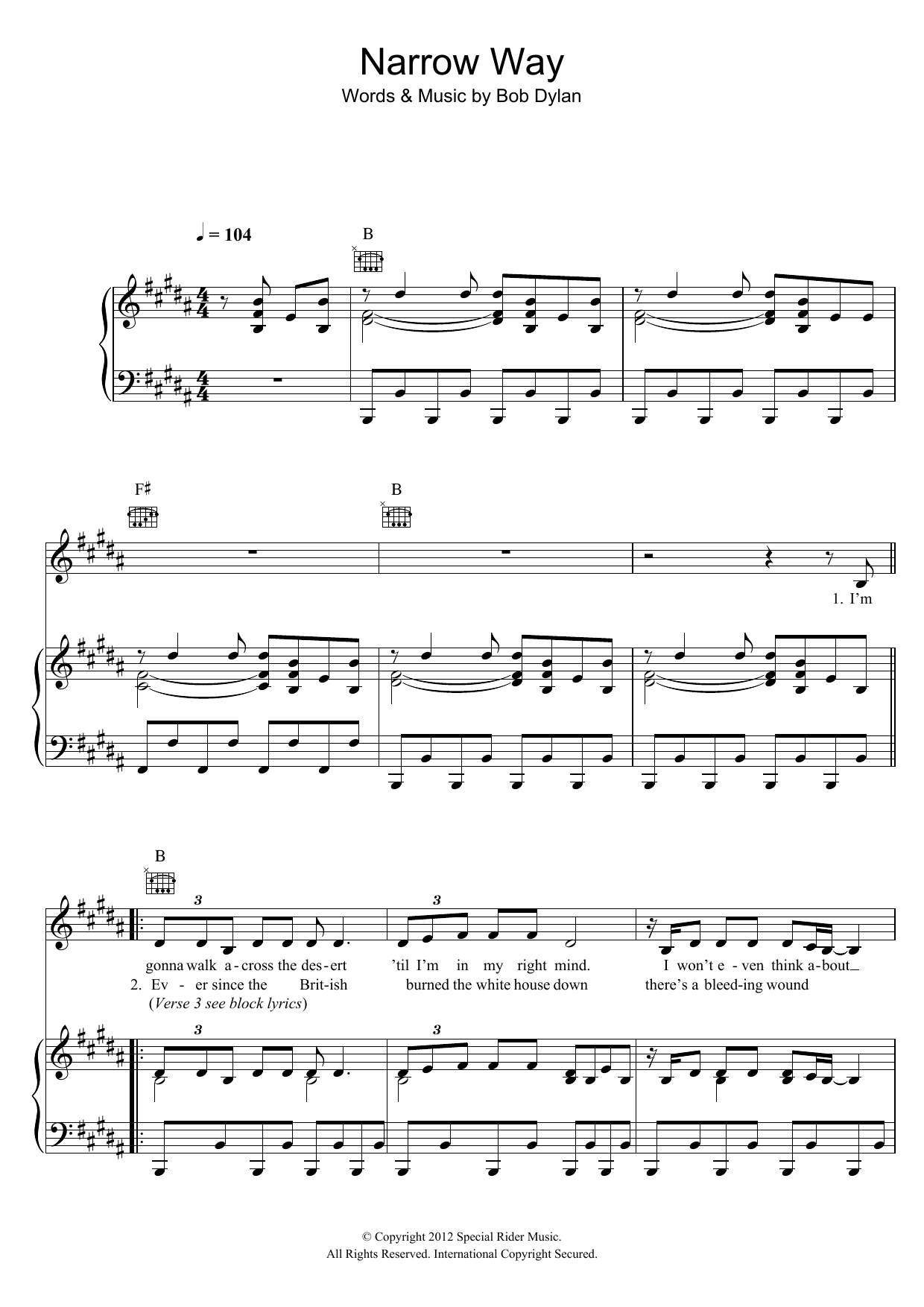 Download Bob Dylan Narrow Way Sheet Music and learn how to play Piano, Vocal & Guitar (Right-Hand Melody) PDF digital score in minutes